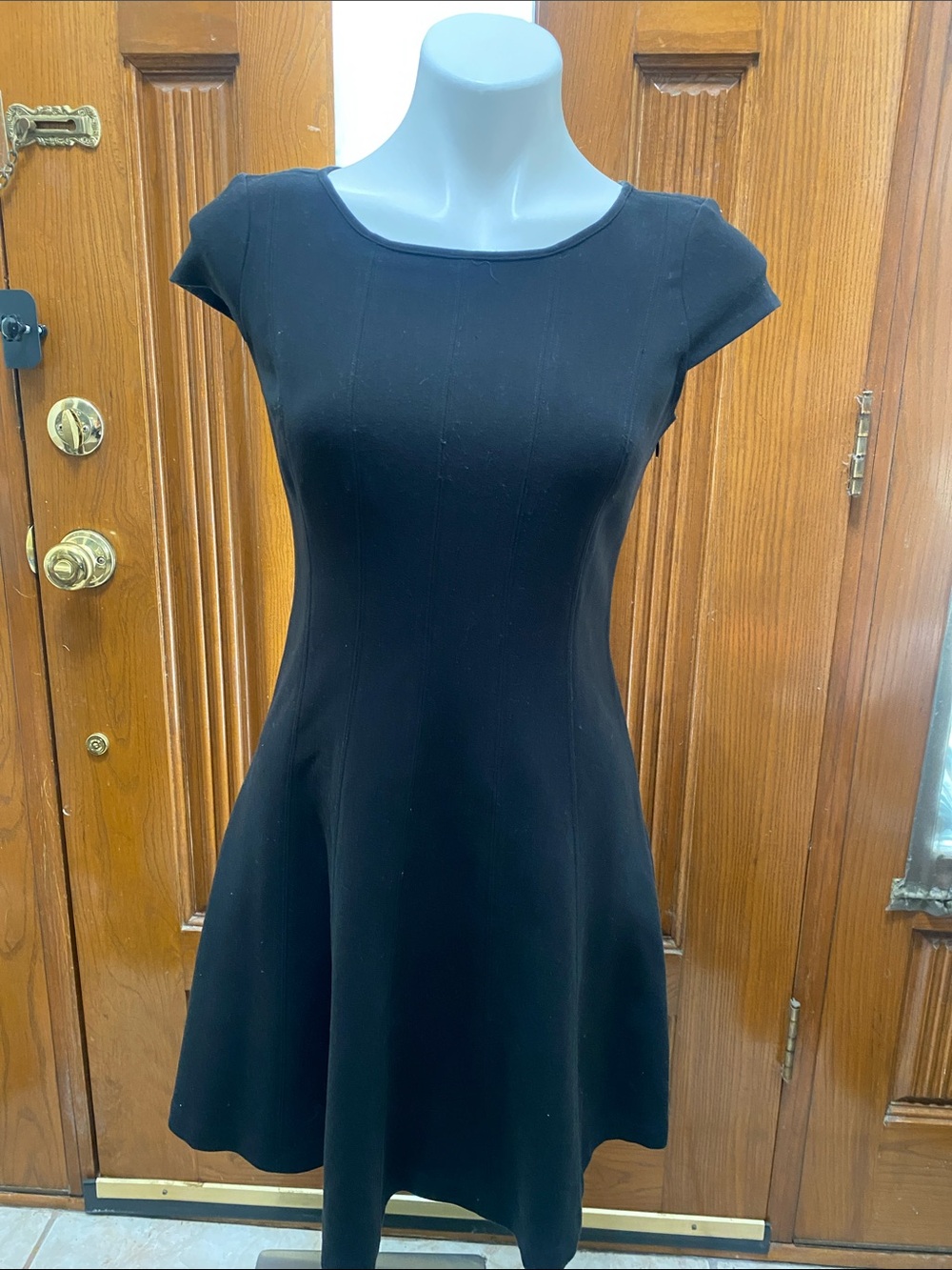 LOFT Black Cap-Sleeve Fit-and-Flare Mini Dress